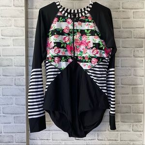 Long Sleeve Floral & Striped Bathing Swim Suit